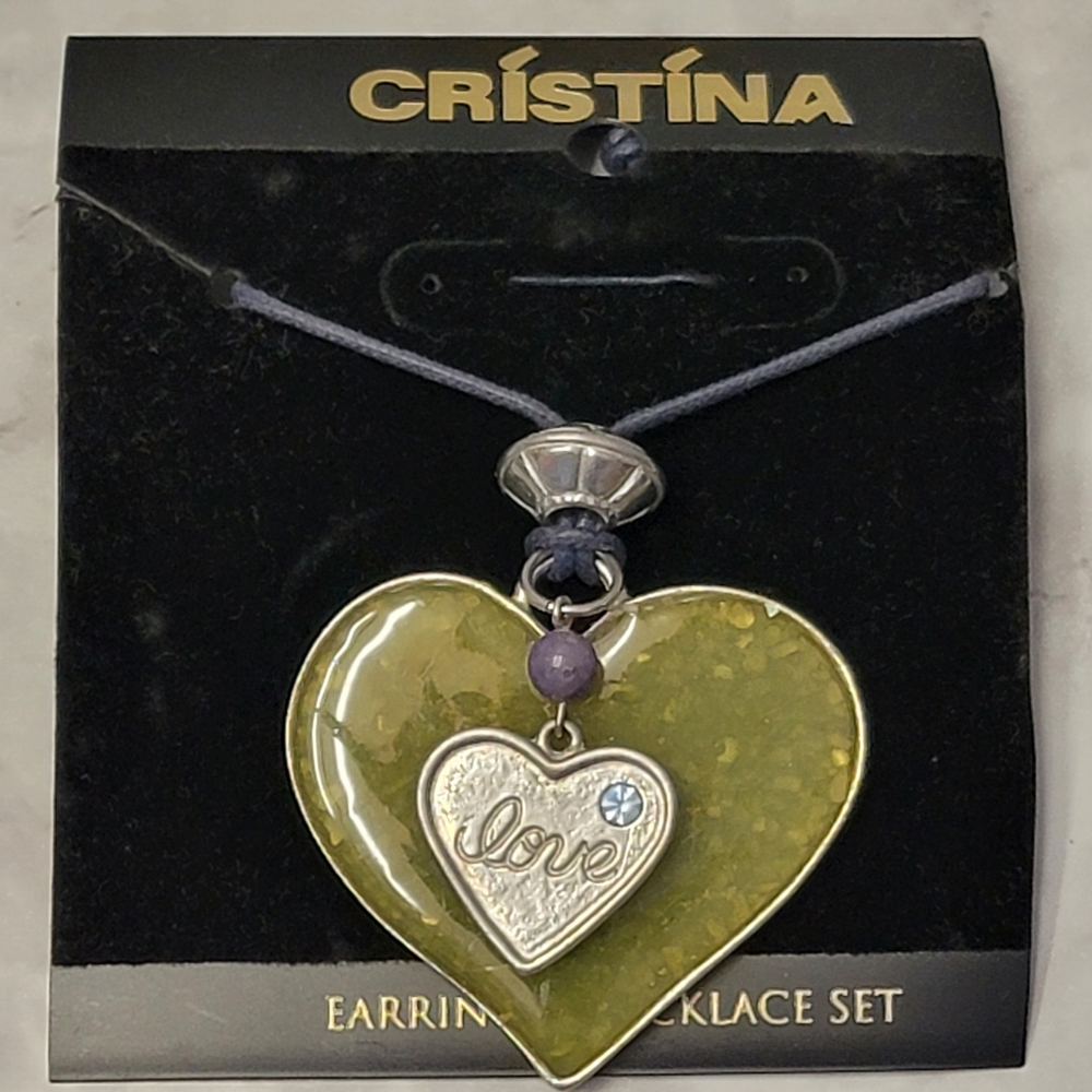 VTG 90s‎ Cristina Heart Pendant Necklace Green Blue Enamel Rhinestone Statement